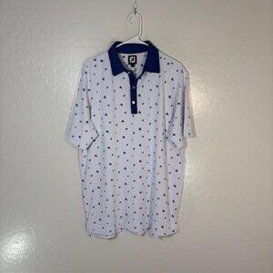 FootJoy Polo Shirt Mens Large White Blue Floral Print Golf Performance Stretch